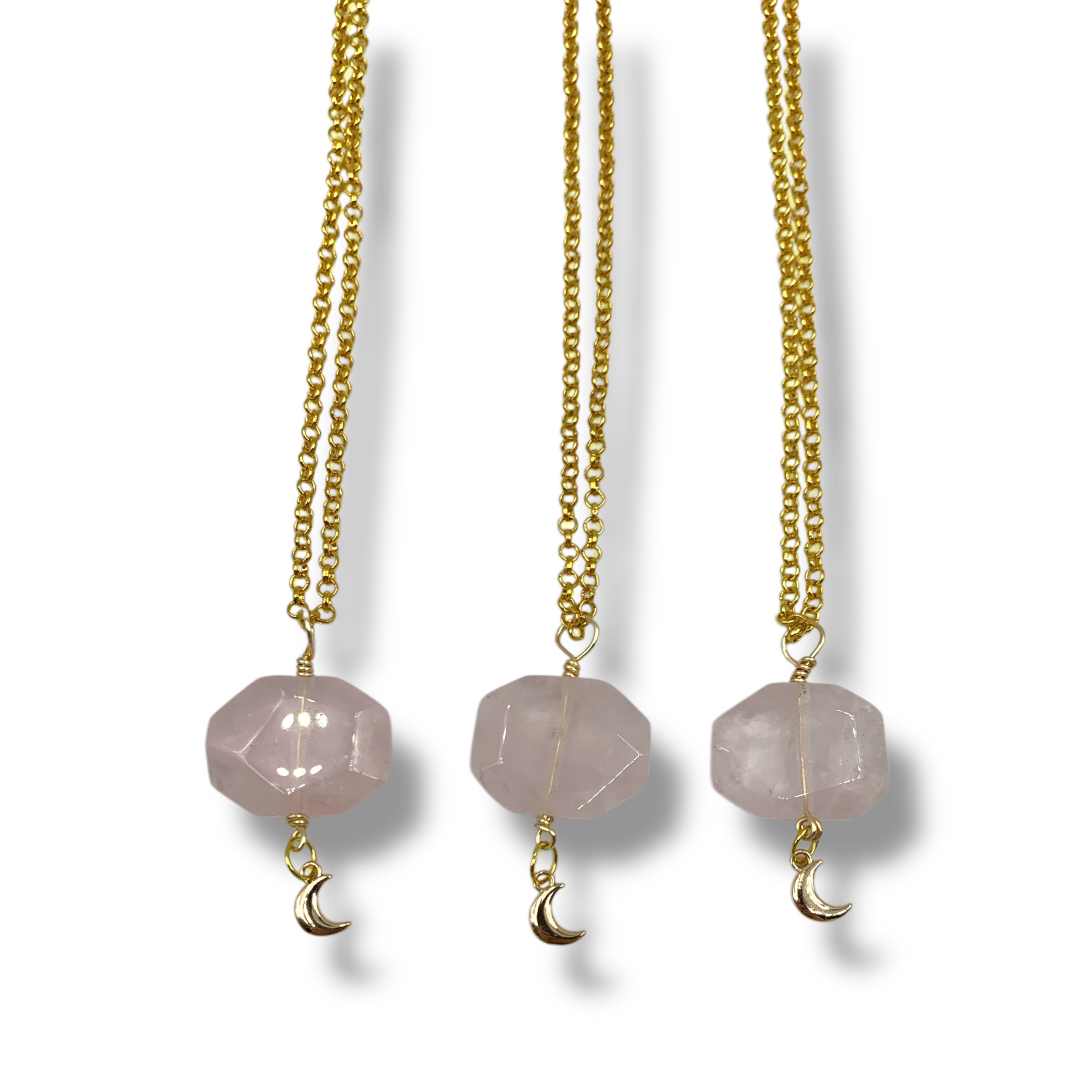 Rose Quartz Necklace Gold Hexagon with Moon Charm $35